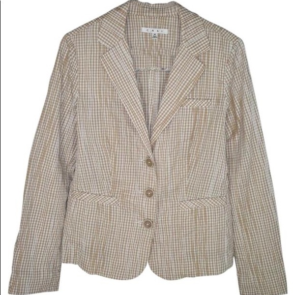 CAbi Crinkle Gingham Coat Blazer Small Khaki - Picture 8 of 13